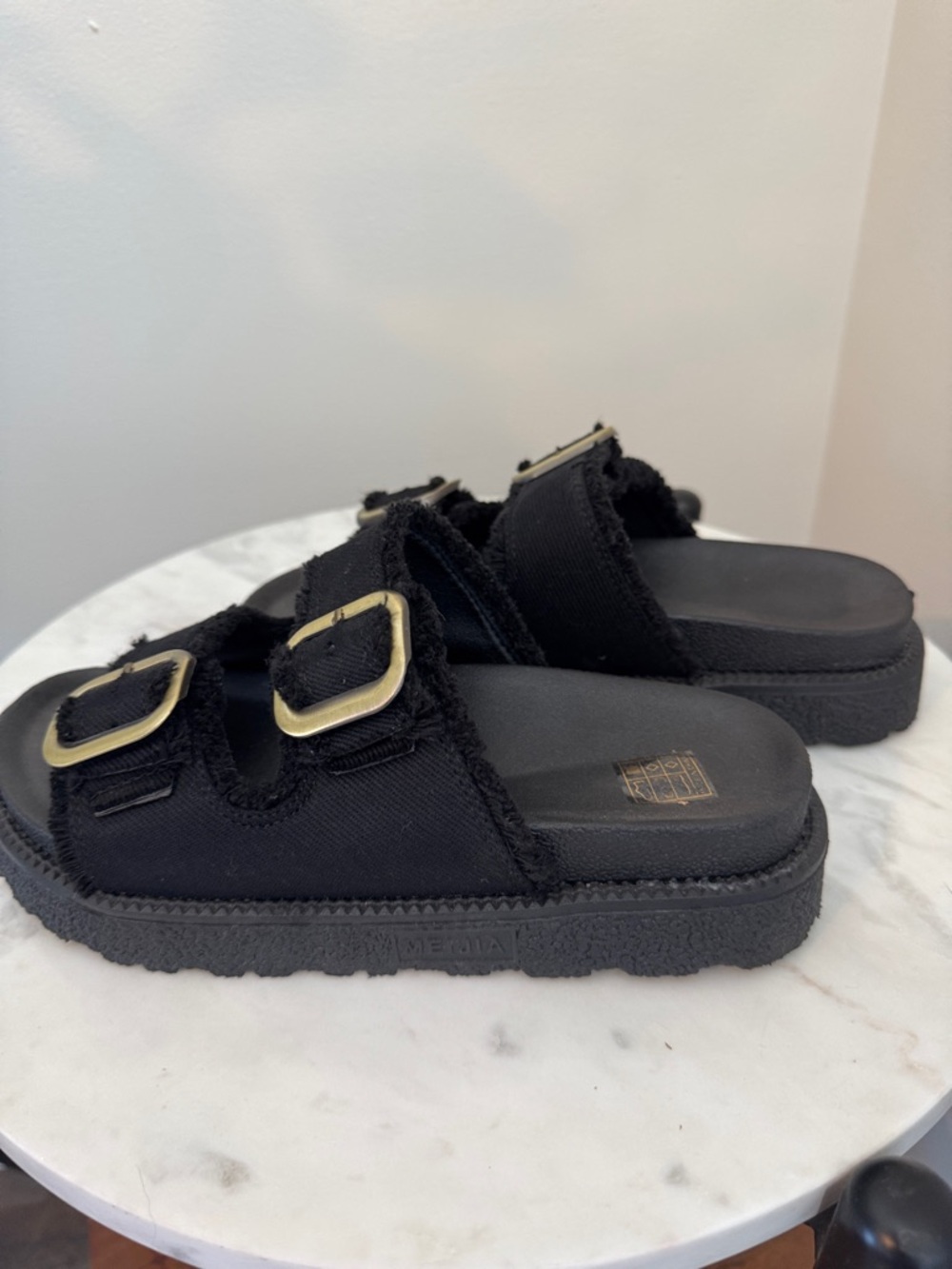 Black Double Strap Buckle Slide Sandals - Picture 2 of 4